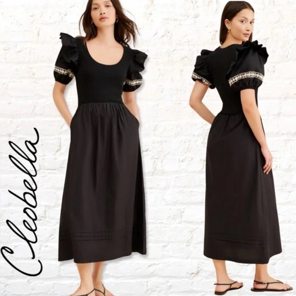 Revolve Cleobella Selma Midi Black Puff Sleeve Dress Boho Cottagecore SZ L  NWT - Picture 1 of 11